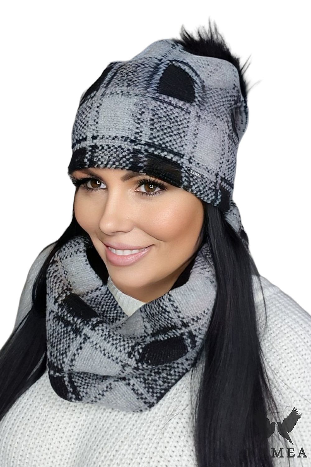 Premium Gambit Women's Mustard Winter Set - Wool Hat and Scarf with Checkered Pattern and Fur Pom-Pom