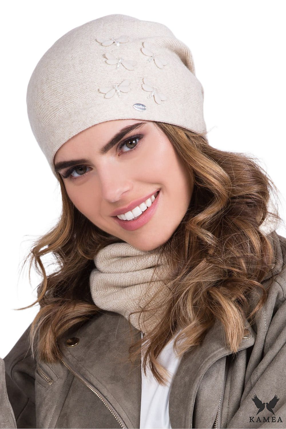 Premium Elegant Zira Women's Beige Hat with Dragonfly Design and Beaded Accents