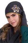 Premium Kamea Women's Panama Hat in Graphite with Elegant Two-Color Flower and Shiny Beads