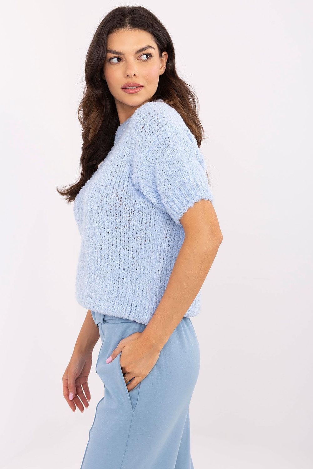 Luxury Women's Short Sleeve Sweater by Italy Moda, EU Size 0, Elegant Acrylic-Wool Blend