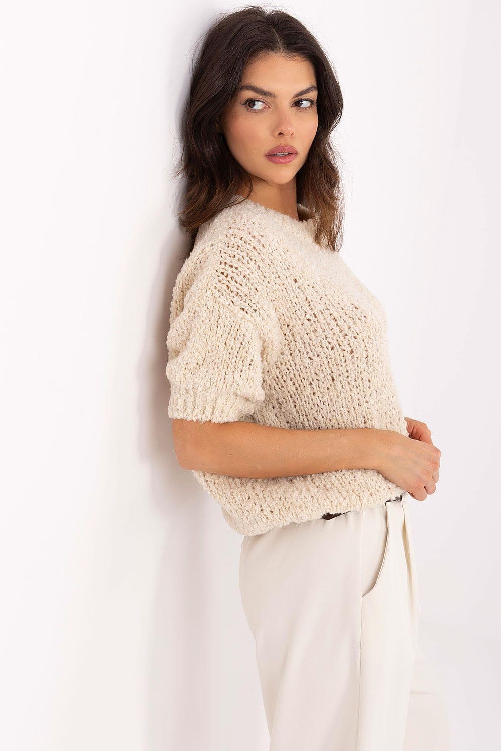 Luxury Women's Short Sleeve Sweater by Italy Moda, EU Size 0, Elegant Acrylic-Wool Blend