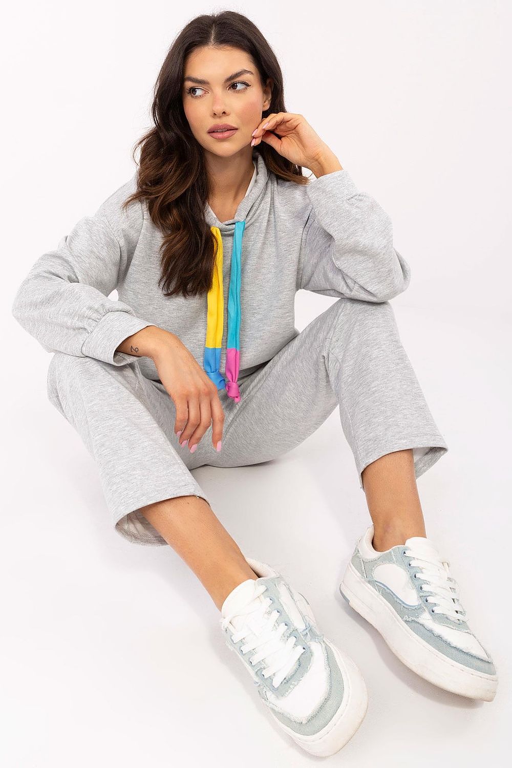 Italy Moda Casual Sweat Suit Set EU 0, High Waist, Hooded Sweatshirt & Pockets, Melange Grey