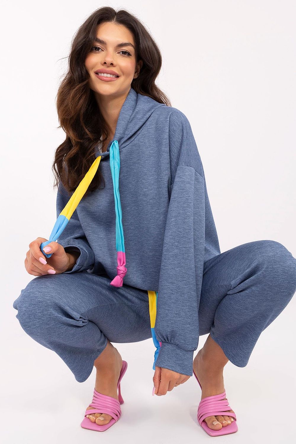 Italy Moda Casual Sweat Suit Set EU 0, High Waist, Hooded Sweatshirt & Pockets, Melange Grey