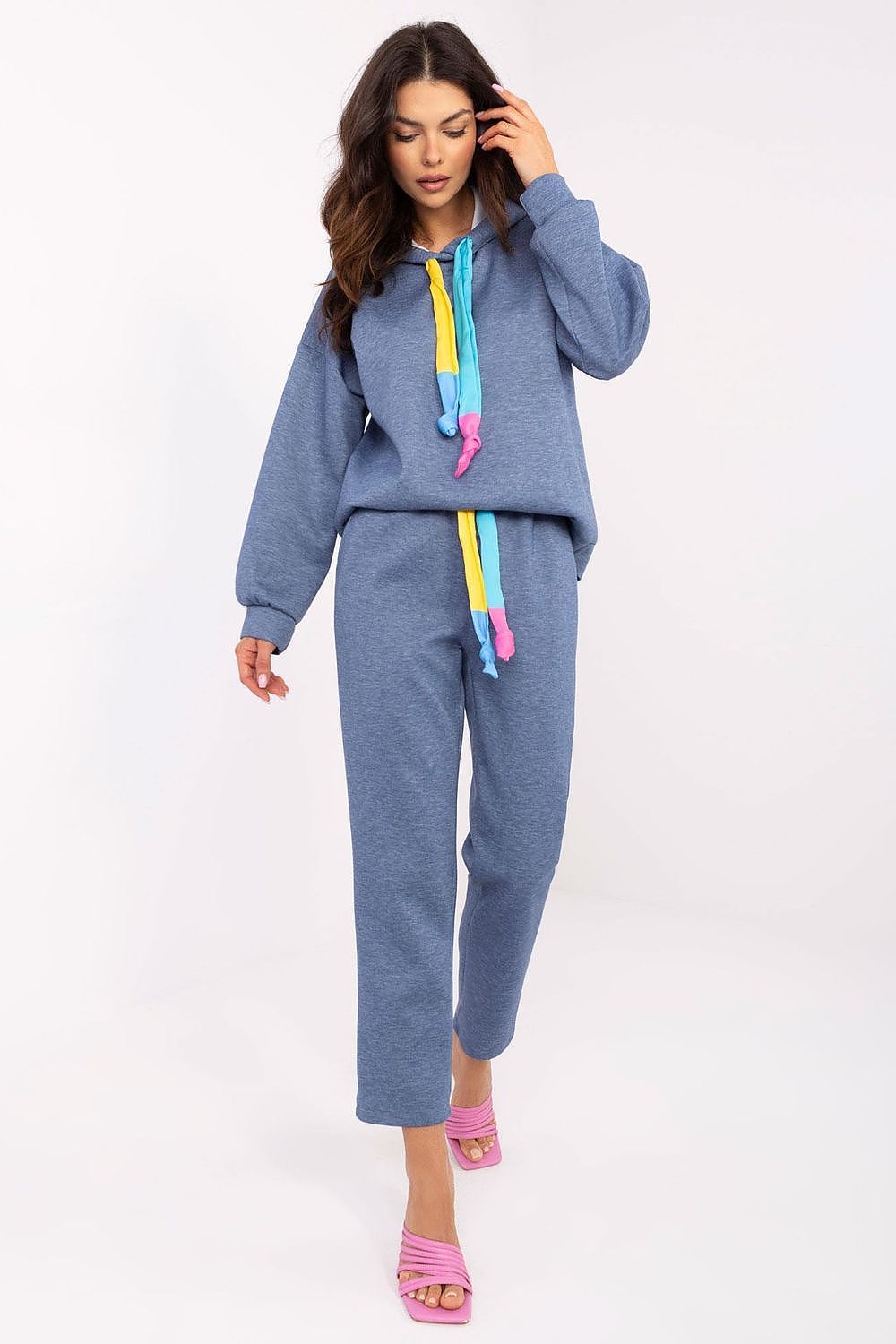 Italy Moda Casual Sweat Suit Set EU 0, High Waist, Hooded Sweatshirt & Pockets, Melange Grey