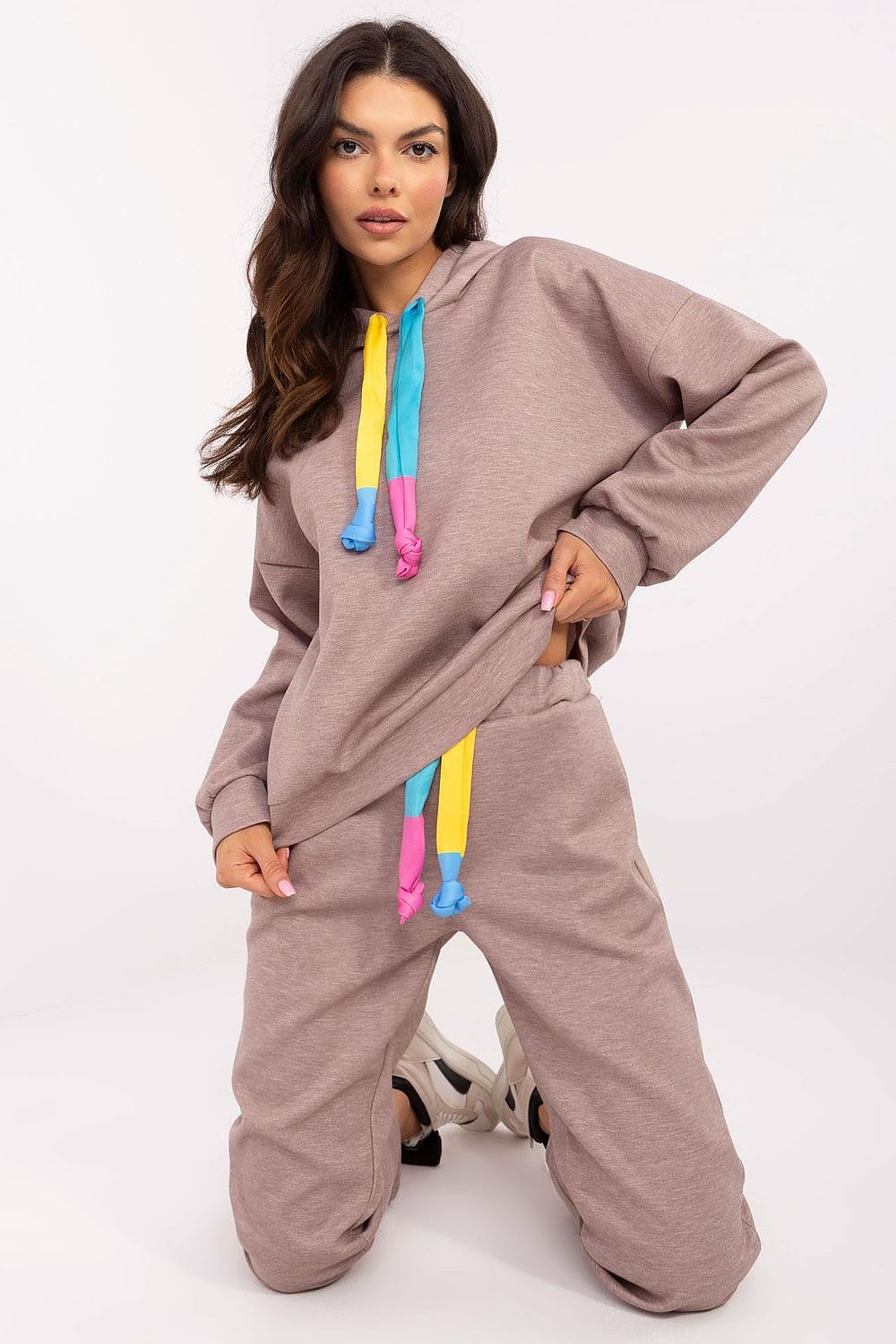 Italy Moda Casual Sweat Suit Set EU 0, High Waist, Hooded Sweatshirt & Pockets, Melange Grey