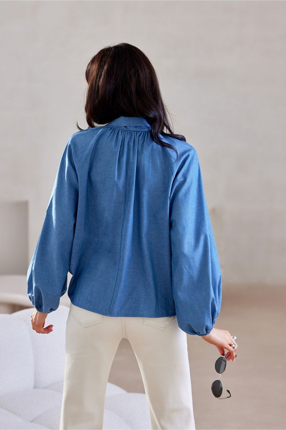 Roco Fashion Cotton Blouse with Long Puffy Sleeves, Decorative Lacing - Sizes EU 36 to 40