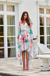 Roco Fashion Asymmetric Maxi Dress with Draped Neckline & Puffy Sleeves, Sizes EU 34-46