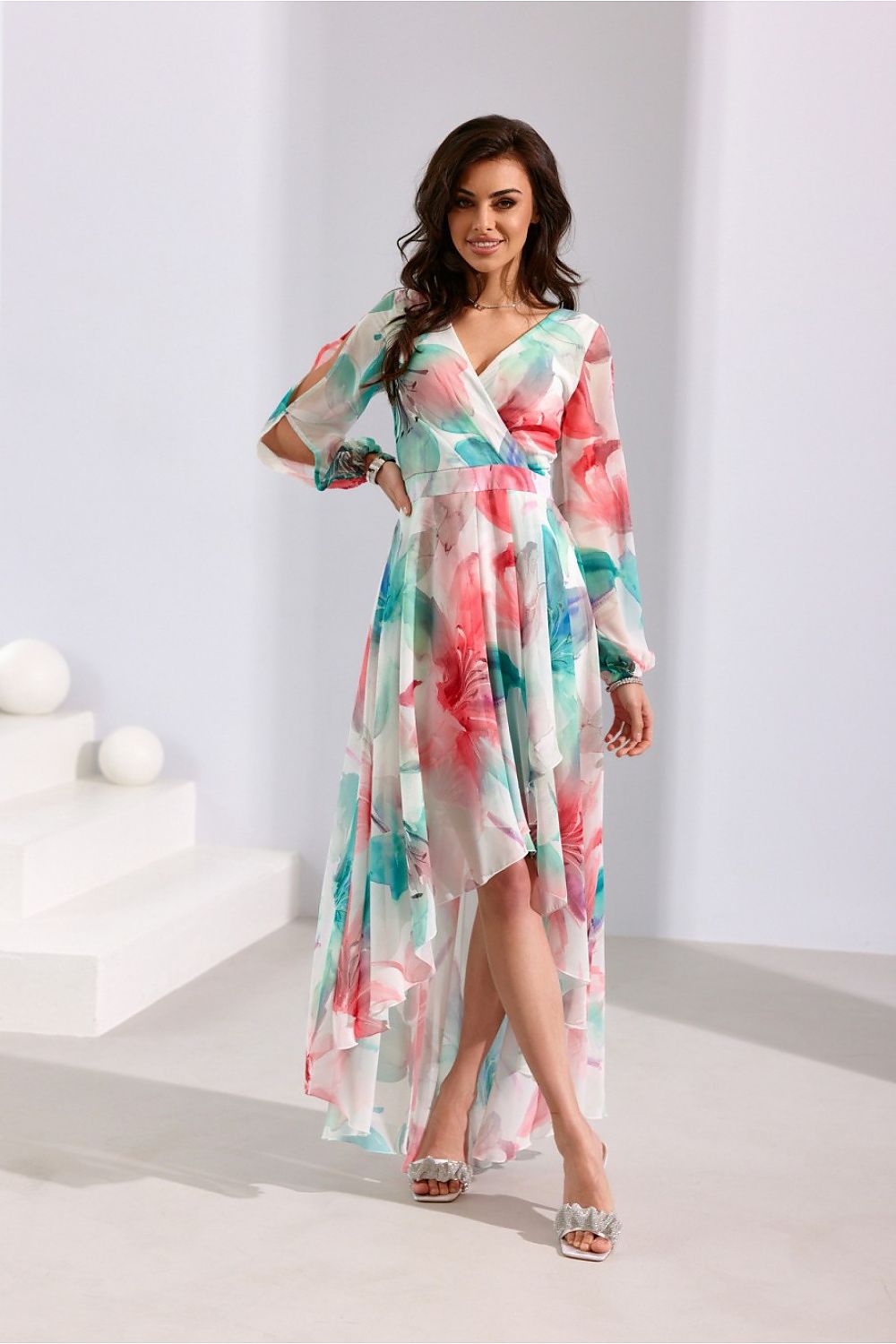 Roco Fashion Asymmetric Maxi Dress with Draped Neckline & Puffy Sleeves, Sizes EU 34-46