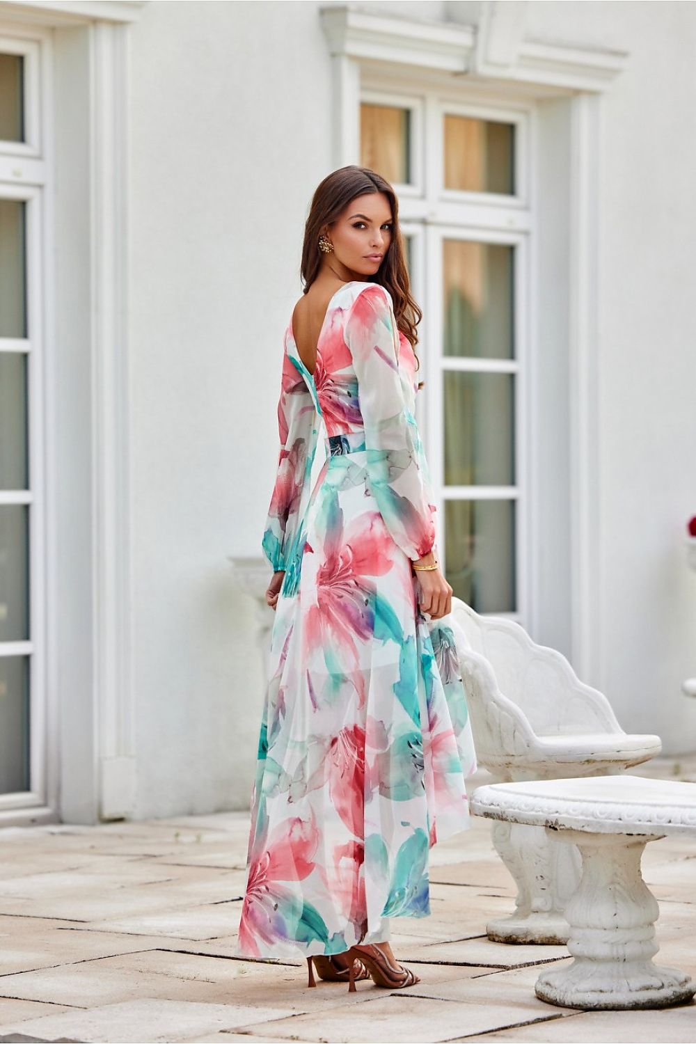 Roco Fashion Asymmetric Maxi Dress with Draped Neckline & Puffy Sleeves, Sizes EU 34-46