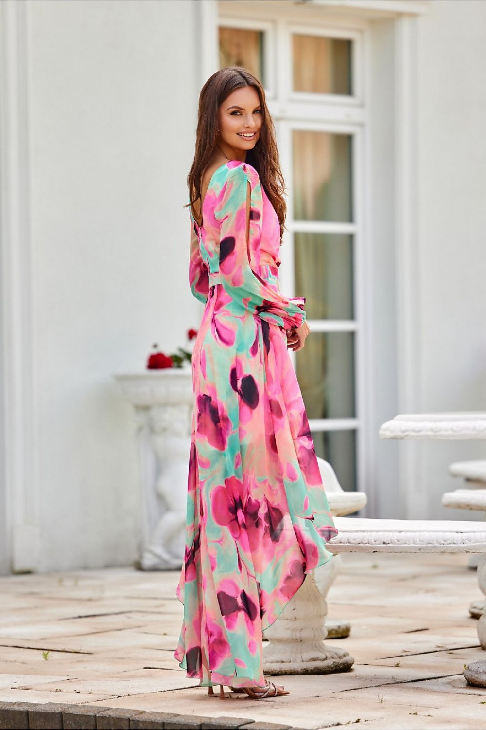 Roco Fashion Asymmetric Maxi Dress with Draped Neckline & Puffy Sleeves, Sizes EU 34-46