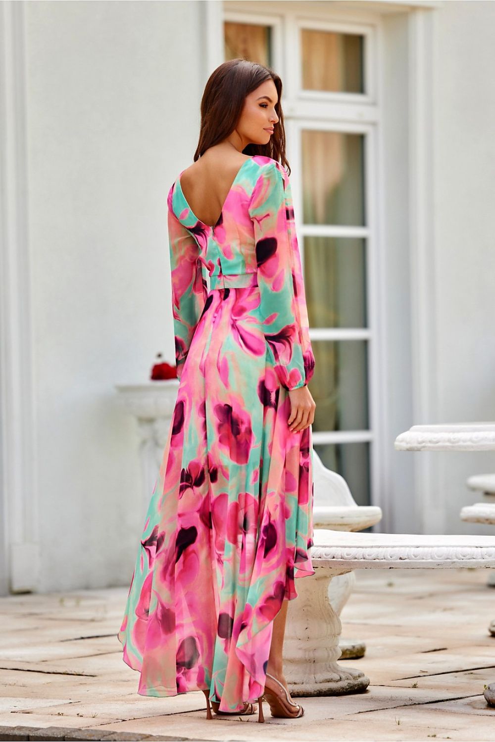 Roco Fashion Asymmetric Maxi Dress with Draped Neckline & Puffy Sleeves, Sizes EU 34-46