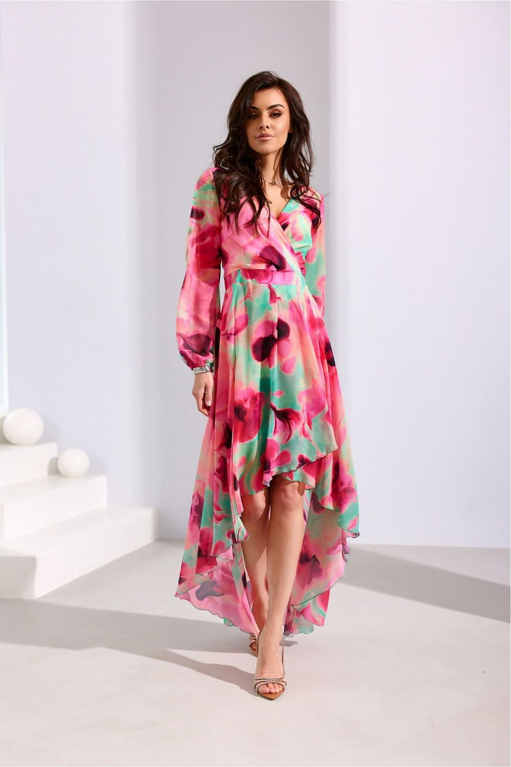 Roco Fashion Asymmetric Maxi Dress with Draped Neckline & Puffy Sleeves, Sizes EU 34-46