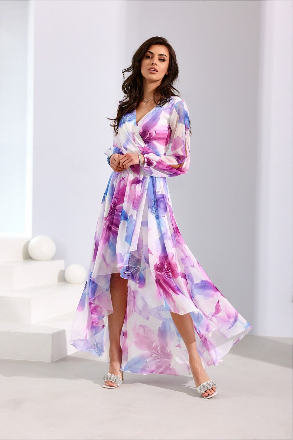 Roco Fashion Asymmetric Maxi Dress with Draped Neckline & Puffy Sleeves, Sizes EU 34-46