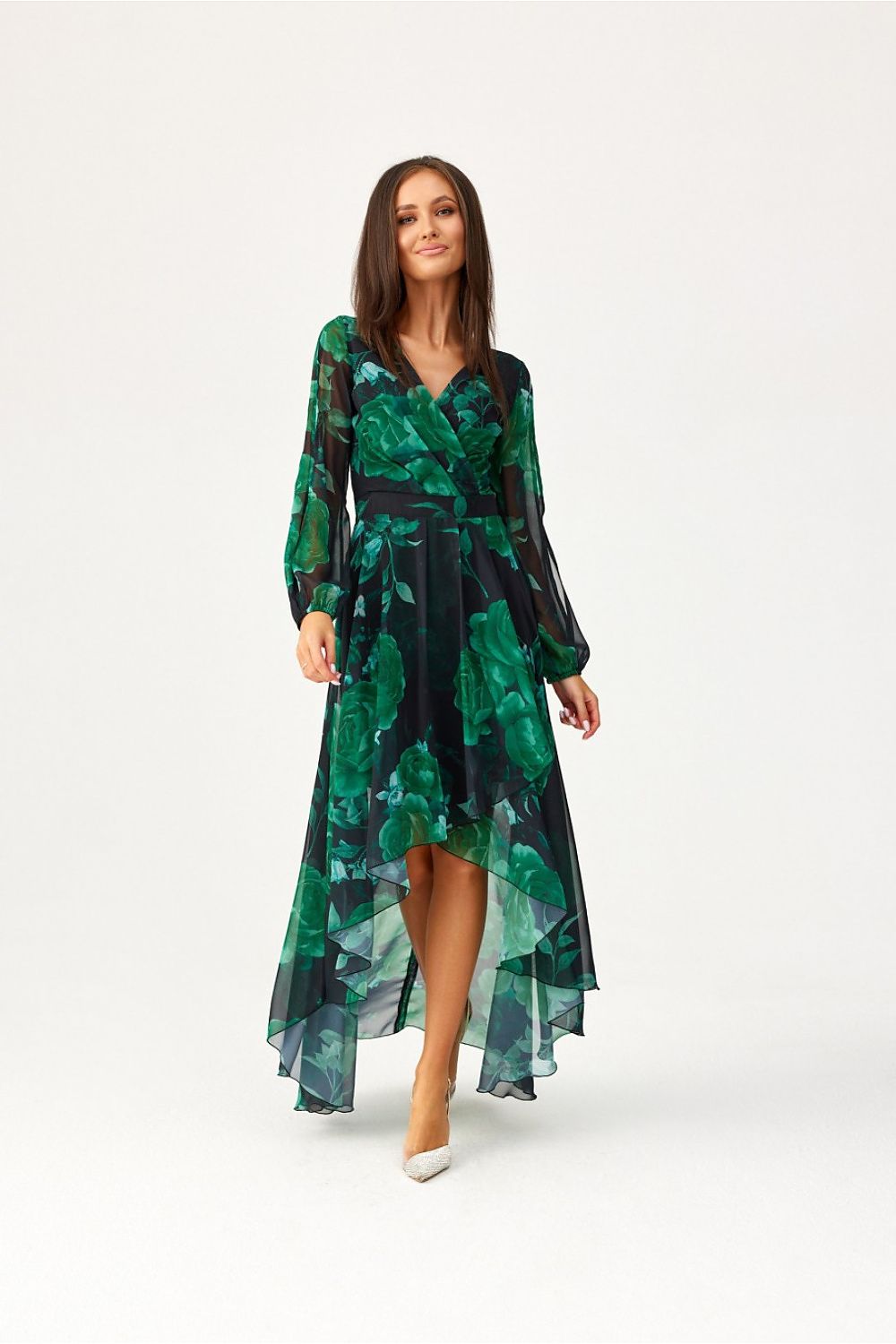 Roco Fashion Asymmetric Maxi Dress with Draped Neckline & Puffy Sleeves, Sizes EU 34-46