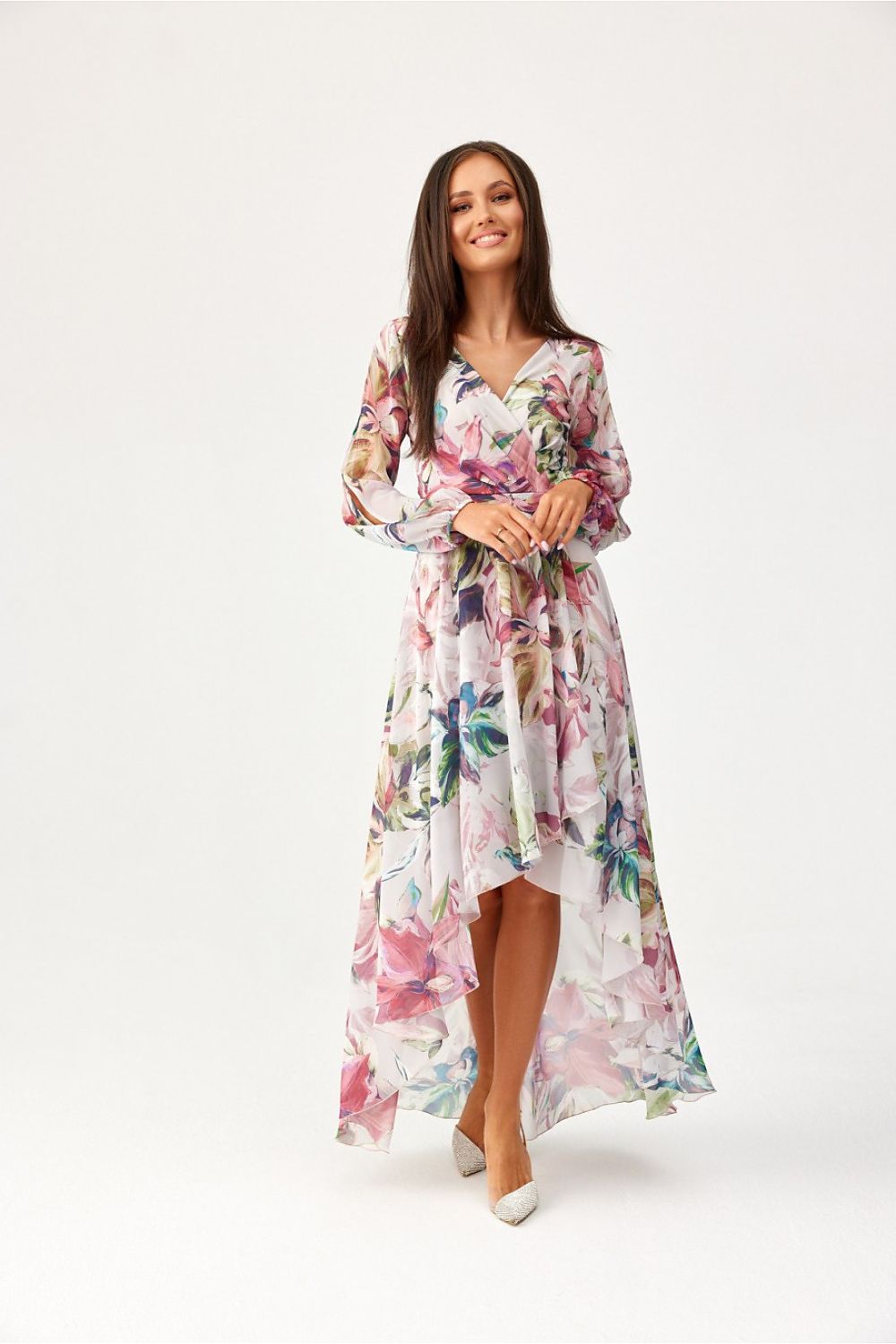Roco Fashion Asymmetric Maxi Dress with Draped Neckline & Puffy Sleeves, Sizes EU 34-46