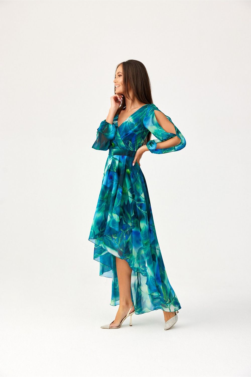 Roco Fashion Asymmetric Maxi Dress with Draped Neckline & Puffy Sleeves, Sizes EU 34-46