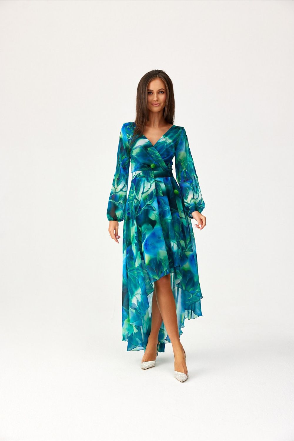 Roco Fashion Asymmetric Maxi Dress with Draped Neckline & Puffy Sleeves, Sizes EU 34-46
