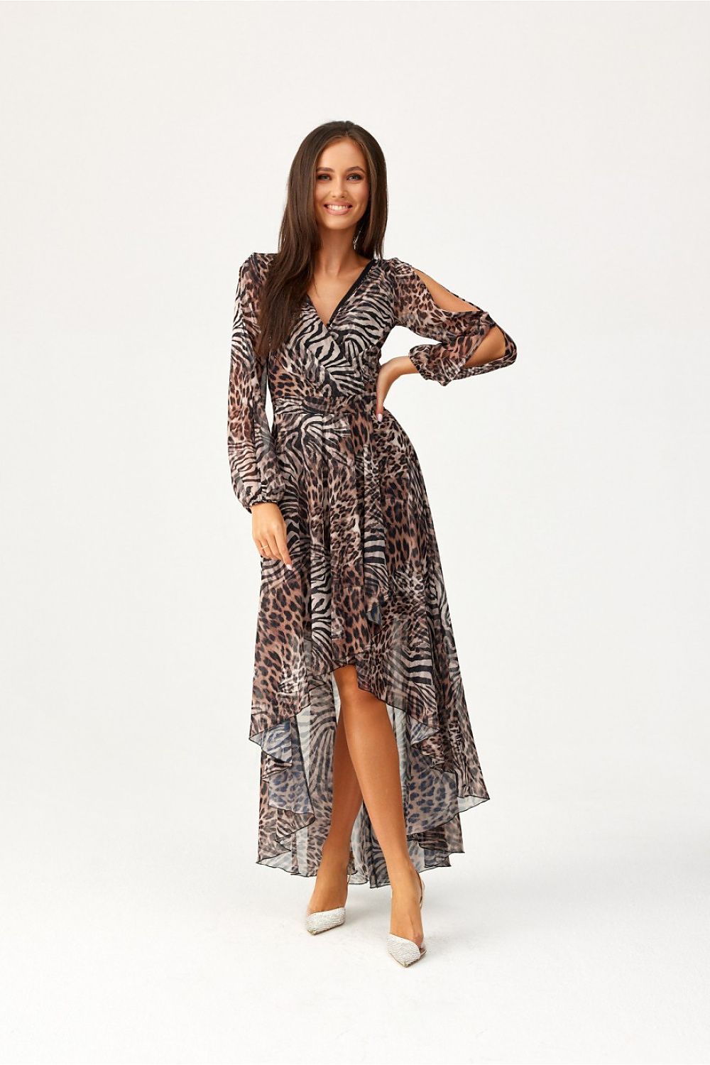 Roco Fashion Asymmetric Maxi Dress with Draped Neckline & Puffy Sleeves, Sizes EU 34-46
