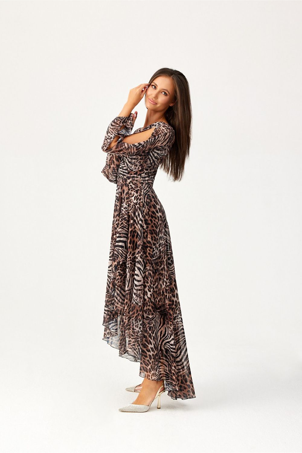 Roco Fashion Asymmetric Maxi Dress with Draped Neckline & Puffy Sleeves, Sizes EU 34-46