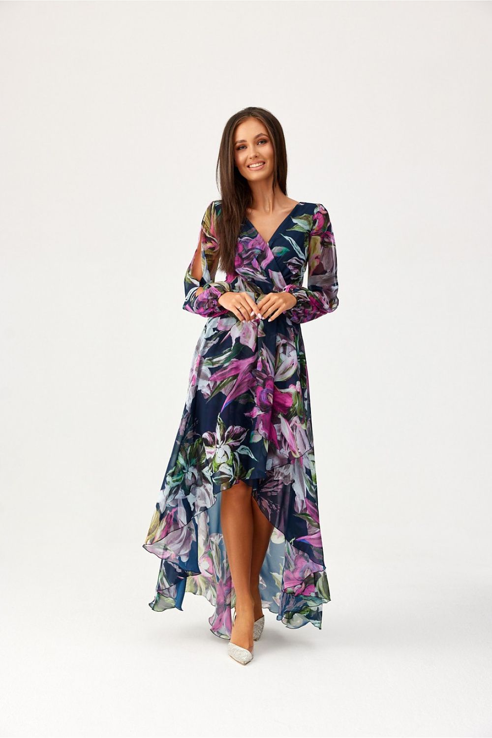 Roco Fashion Asymmetric Maxi Dress with Draped Neckline & Puffy Sleeves, Sizes EU 34-46