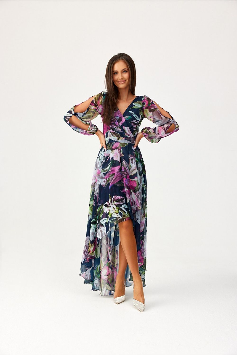 Roco Fashion Asymmetric Maxi Dress with Draped Neckline & Puffy Sleeves, Sizes EU 34-46