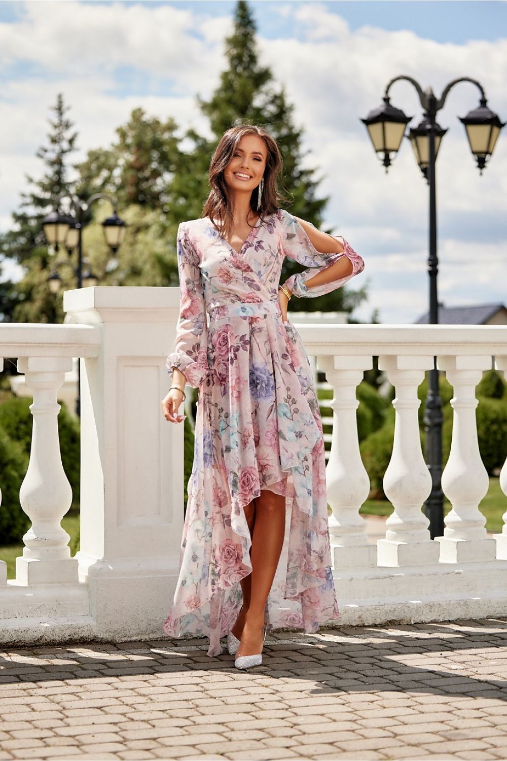 Roco Fashion Asymmetric Maxi Dress with Draped Neckline & Puffy Sleeves, Sizes EU 34-46