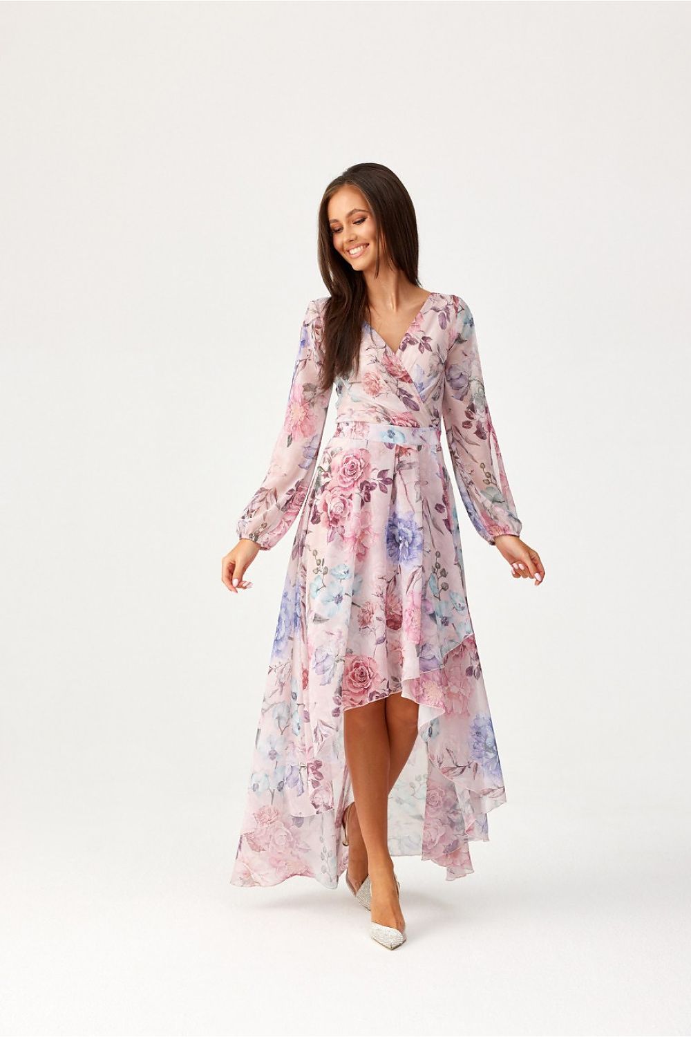 Roco Fashion Asymmetric Maxi Dress with Draped Neckline & Puffy Sleeves, Sizes EU 34-46