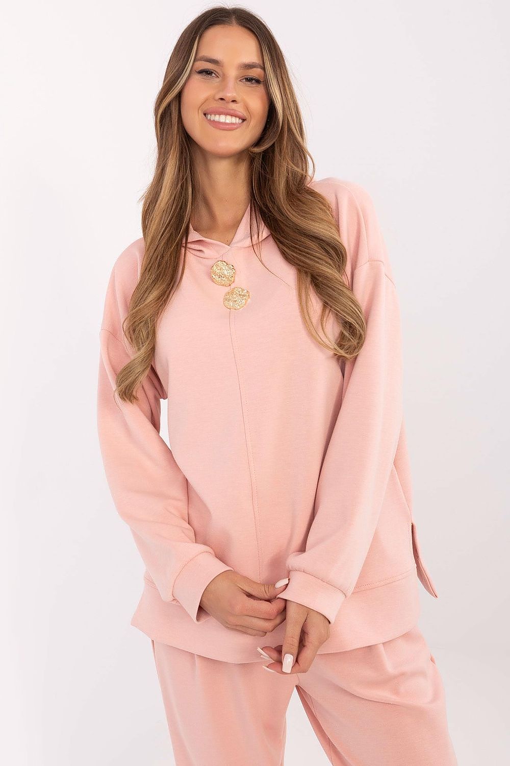 Italy Moda Women's Sweatshirt Blouse, EU Sizes 0, Soft Polyester Blend, Detachable Brooches, Unique Side Slits