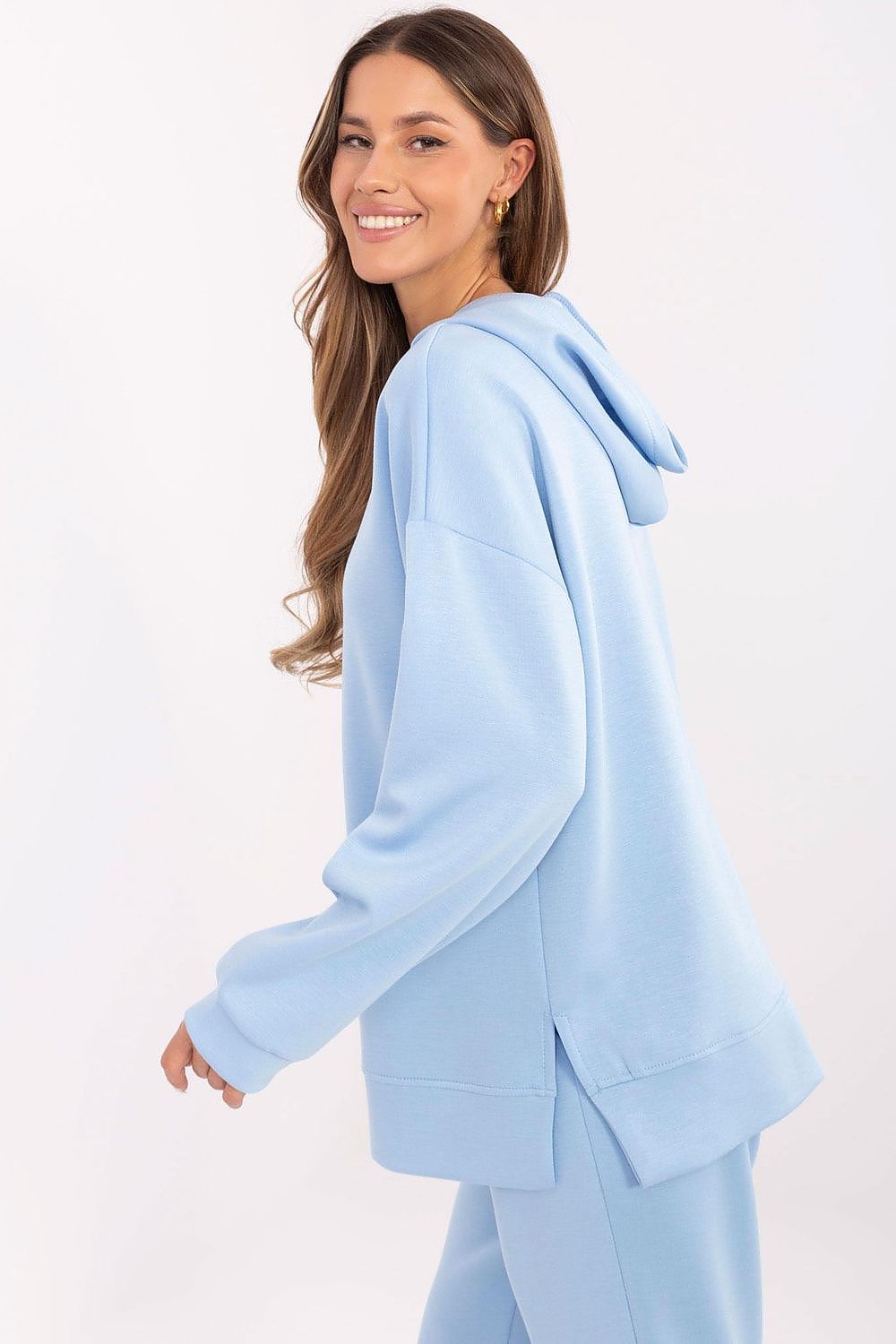 Italy Moda Women's Sweatshirt Blouse, EU Sizes 0, Soft Polyester Blend, Detachable Brooches, Unique Side Slits