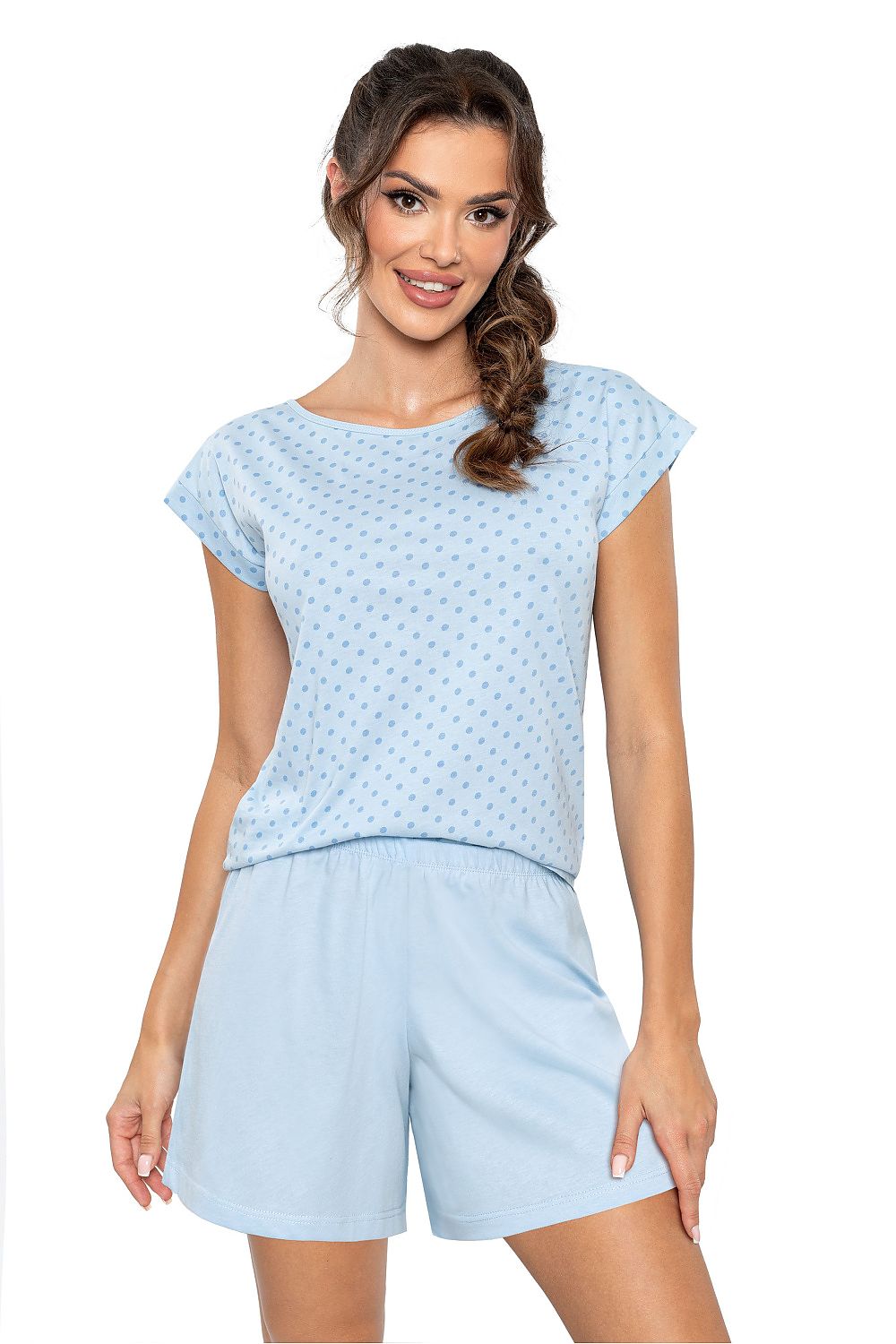 Luxury Women’s Cotton Pyjama Set - Polka Dot Kimono Style Blouse & Blue Shorts, EU S-XXL | US S-XXL