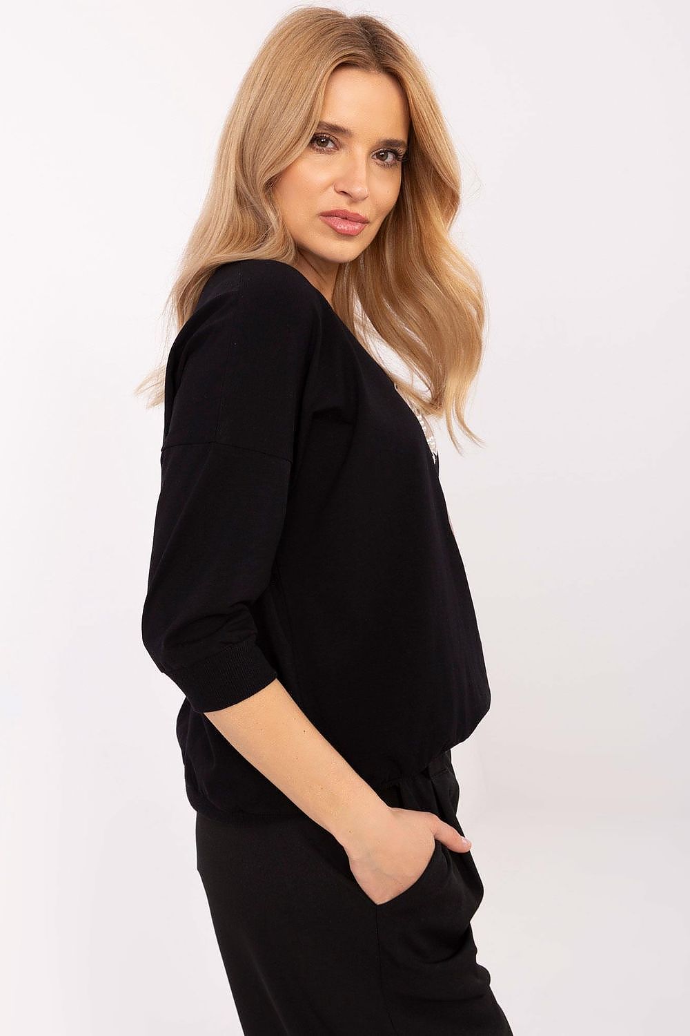 Elegant 3/4 Sleeve Casual Blouse in Cotton Blend with Embroidery and Pearls, EU Sizes 0-2