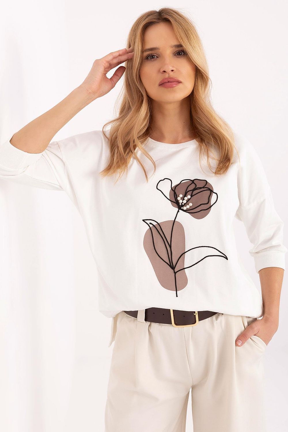 Elegant 3/4 Sleeve Casual Blouse in Cotton Blend with Embroidery and Pearls, EU Sizes 0-2