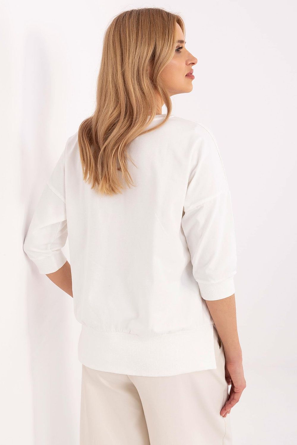 Elegant 3/4 Sleeve Casual Blouse in Cotton Blend with Embroidery and Pearls, EU Sizes 0-2