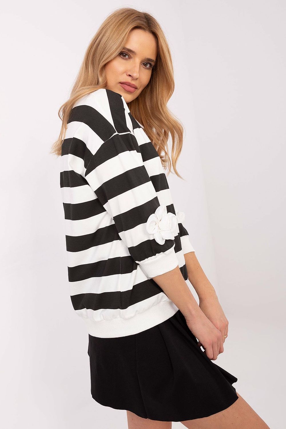 Elegant 3/4 Sleeve Striped Cotton Blouse with Floral Patches, Available in EU Sizes 0