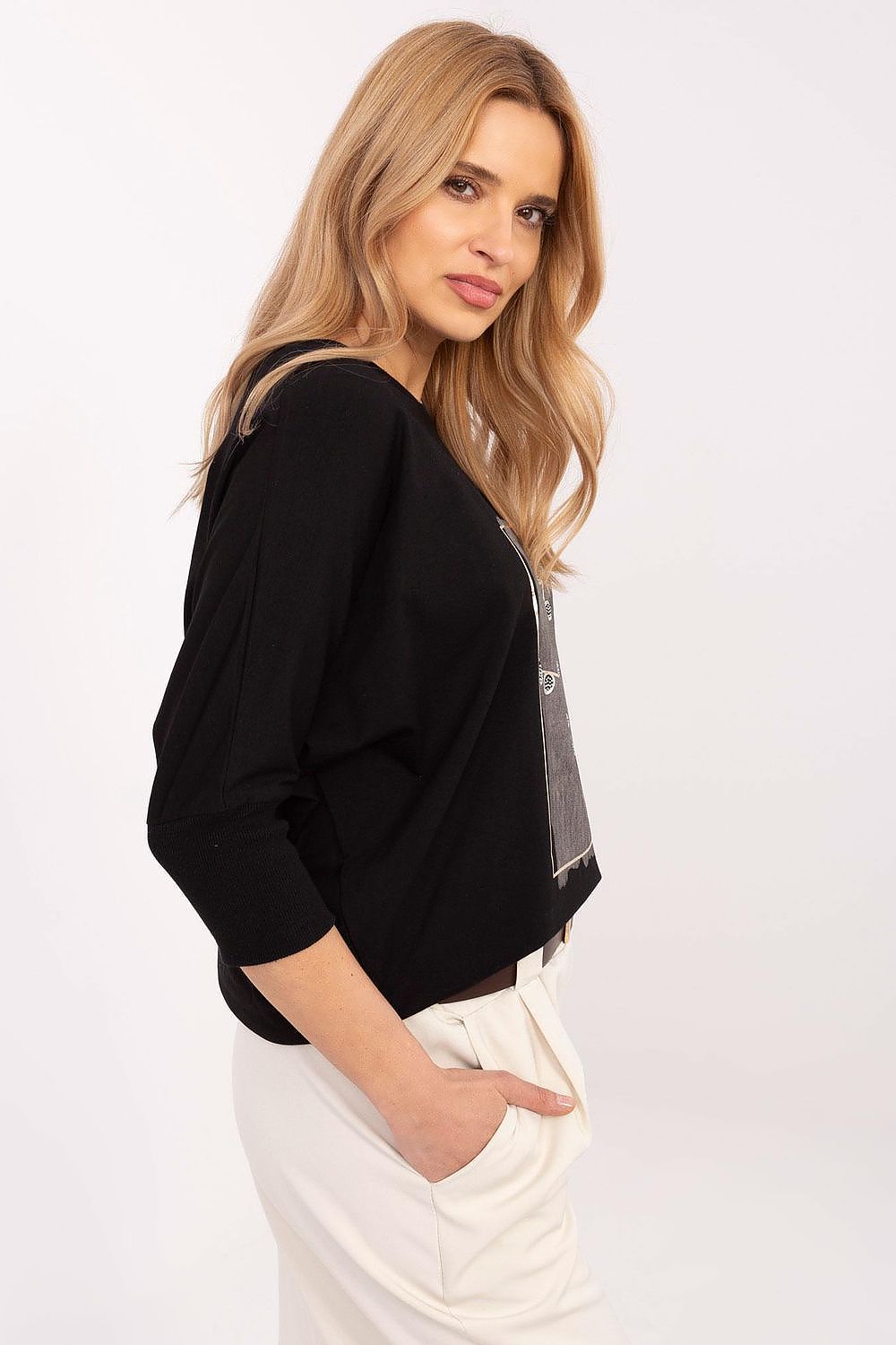 Elegant 3/4 Sleeve Blouse For Everyday Wear - Cotton Blend With Jet Stone Print, Size EU 0