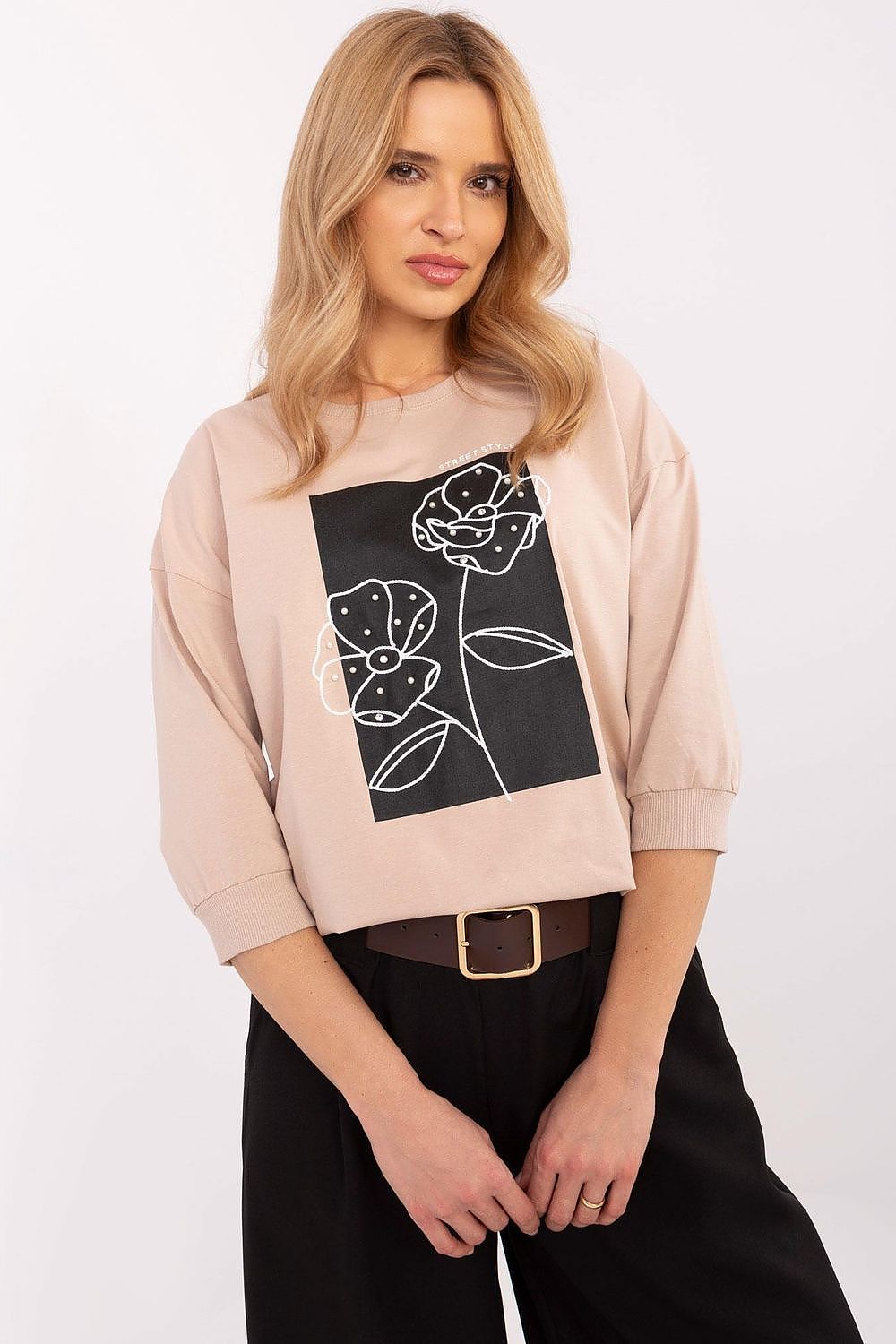 Elegant 3/4 Sleeve Casual Blouse with Embroidery & Pearls - Sizes EU 0-4