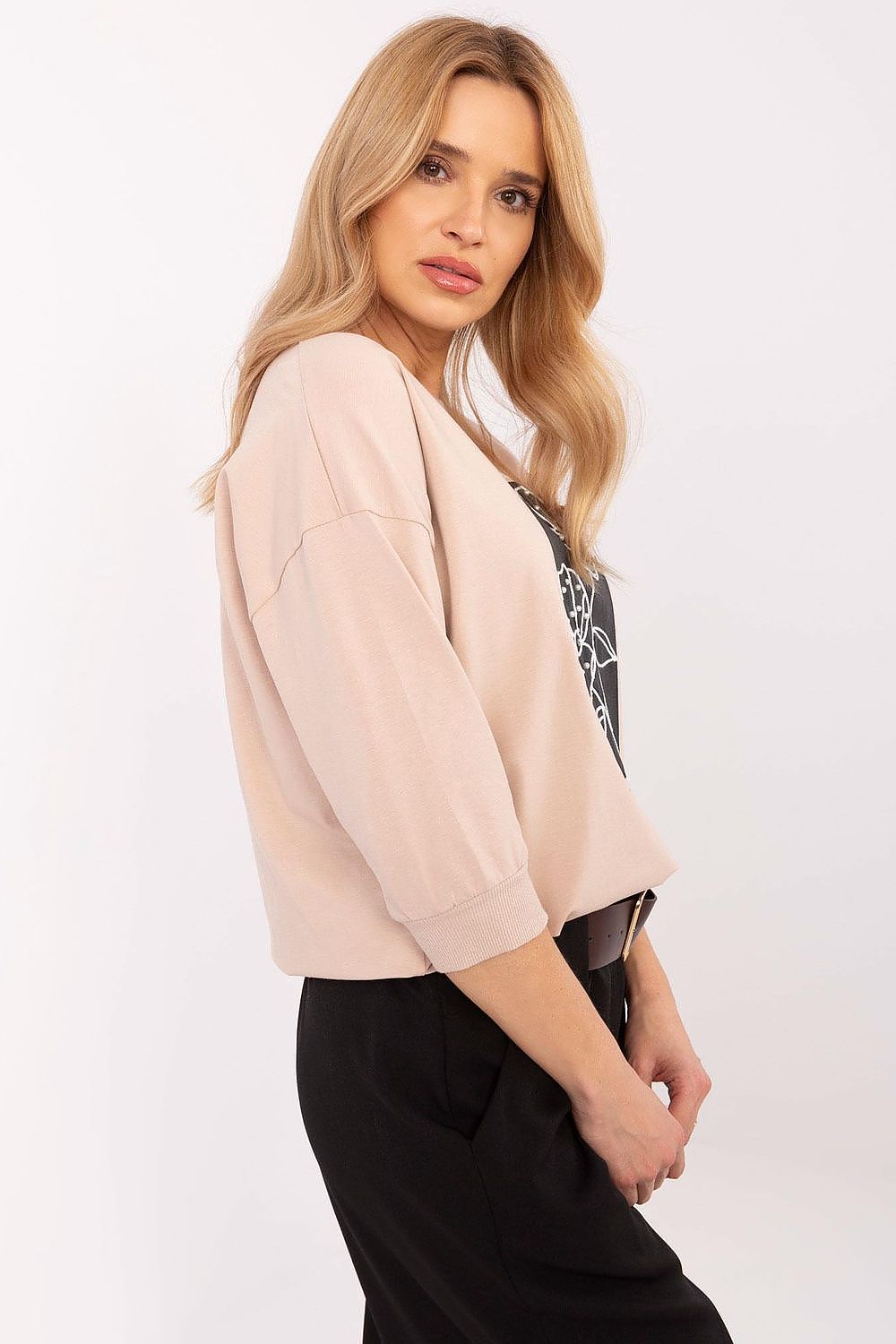 Elegant 3/4 Sleeve Casual Blouse with Embroidery & Pearls - Sizes EU 0-4