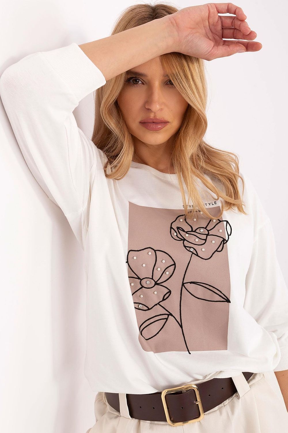 Elegant 3/4 Sleeve Casual Blouse with Embroidery & Pearls - Sizes EU 0-4