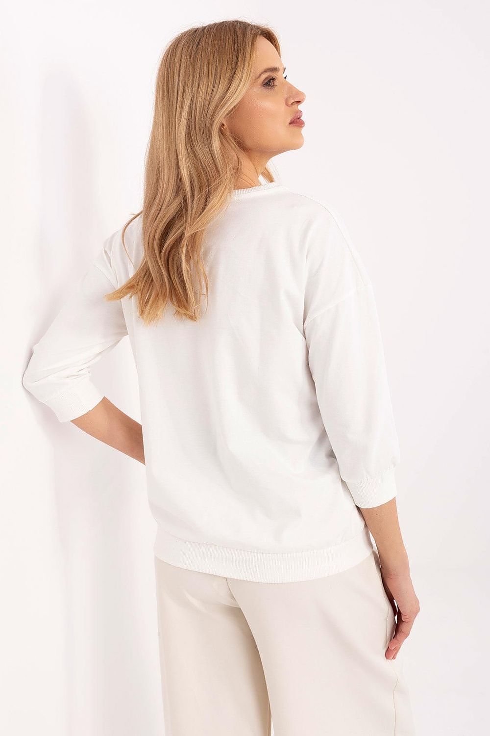 Elegant 3/4 Sleeve Casual Blouse with Embroidery & Pearls - Sizes EU 0-4