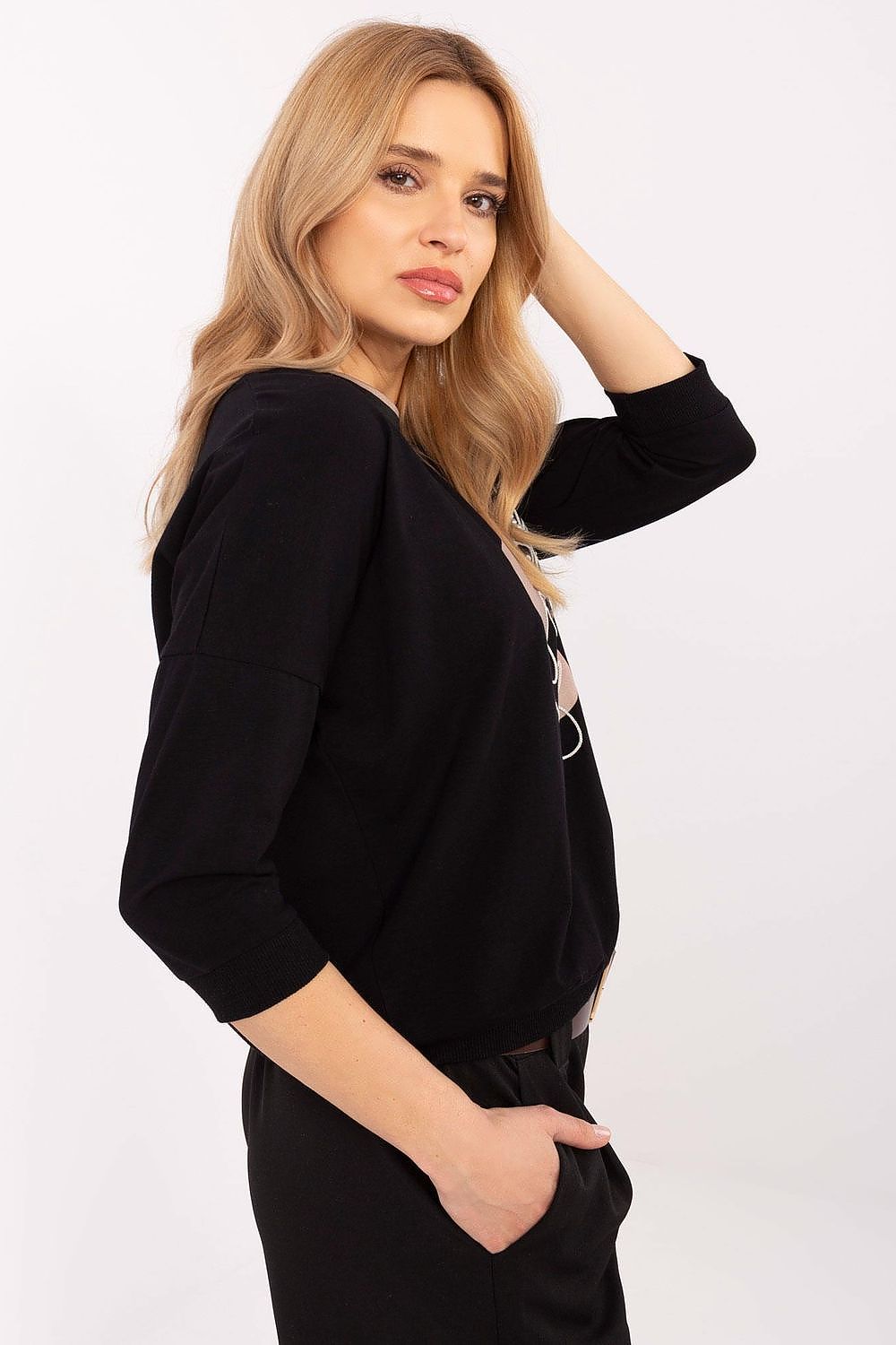 Elegant 3/4 Sleeve Embroidered Cotton Blouse with Pearls and Zircons in EU Sizes 0