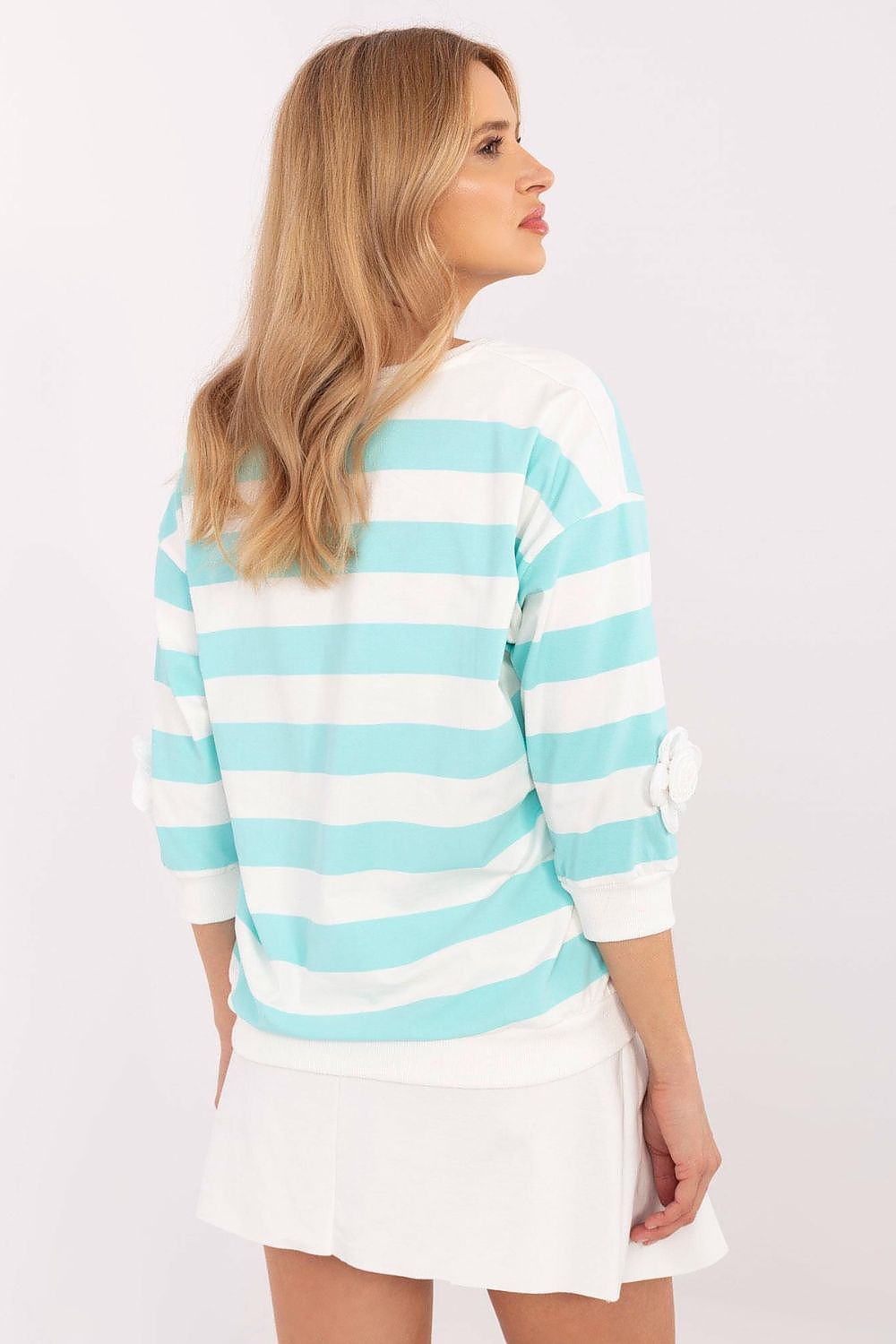 Elegant 3/4 Sleeve Striped Cotton Blouse with Floral Patches, Available in EU Sizes 0
