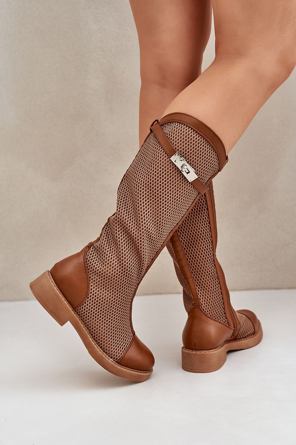 Elegant Thigh-High Boots with Eco Leather & Mesh, Zipper Closure, Sizes EU 36-41