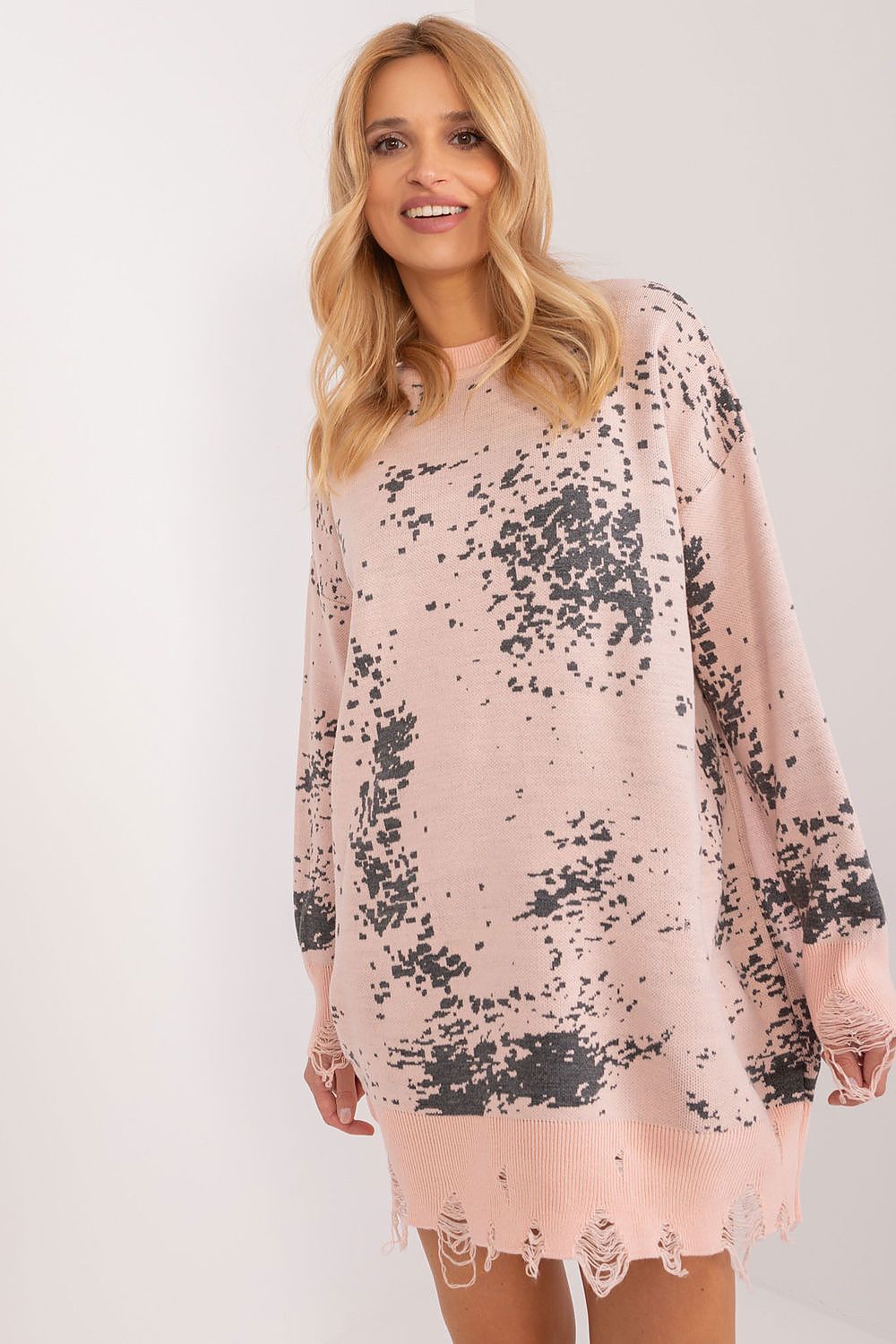 Oversized Women's Acrylic Wool Sweater, Long Fit, Unique Print & Decorative Cuffs, EU Size 0
