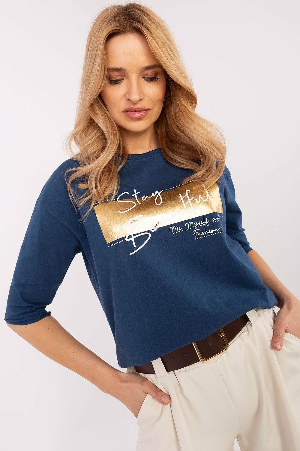 Elegant Casual Women's Blouse in Cotton and Spandex - Sizes S to XL with Stylish Studs and Inscriptions