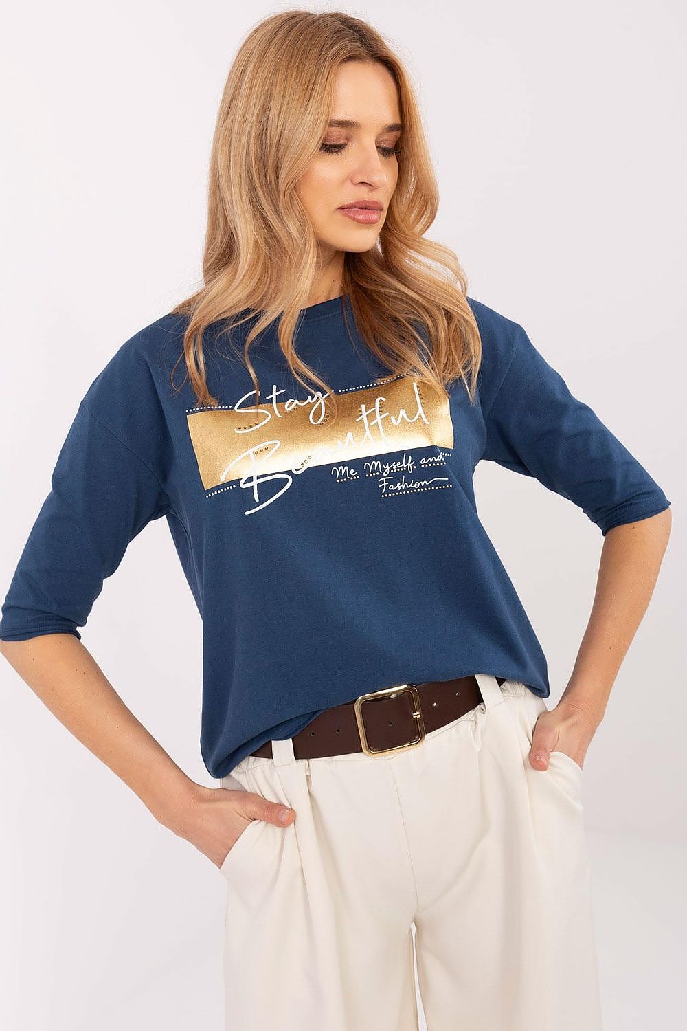 Elegant Casual Women's Blouse in Cotton and Spandex - Sizes S to XL with Stylish Studs and Inscriptions