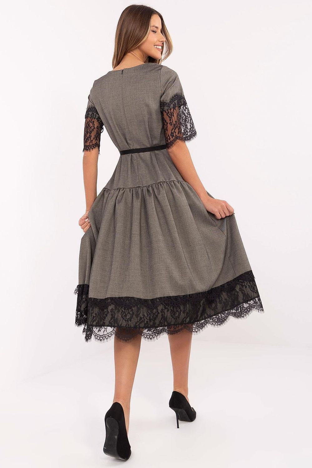 Elegant Wool Cocktail Dress by Lakerta | Midi Length, Lace Sleeves, Size EU 36-42