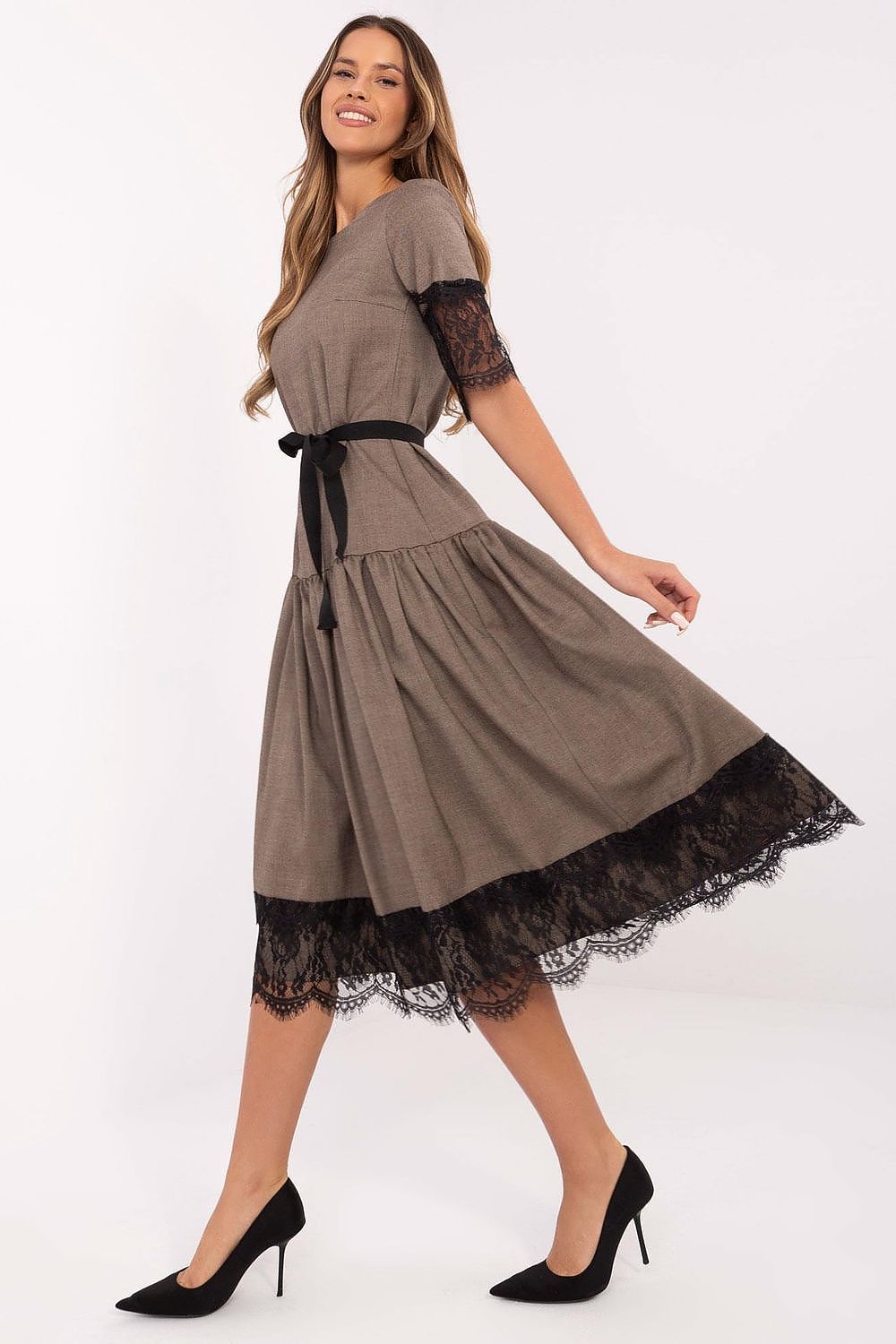 Elegant Wool Cocktail Dress by Lakerta | Midi Length, Lace Sleeves, Size EU 36-42