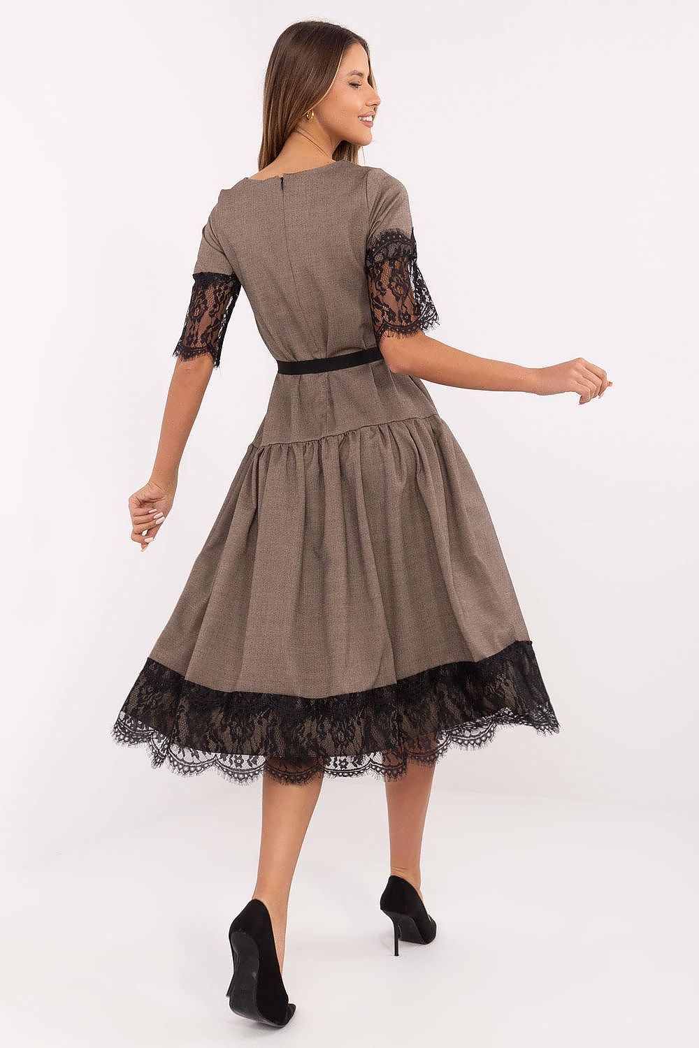 Elegant Wool Cocktail Dress by Lakerta | Midi Length, Lace Sleeves, Size EU 36-42