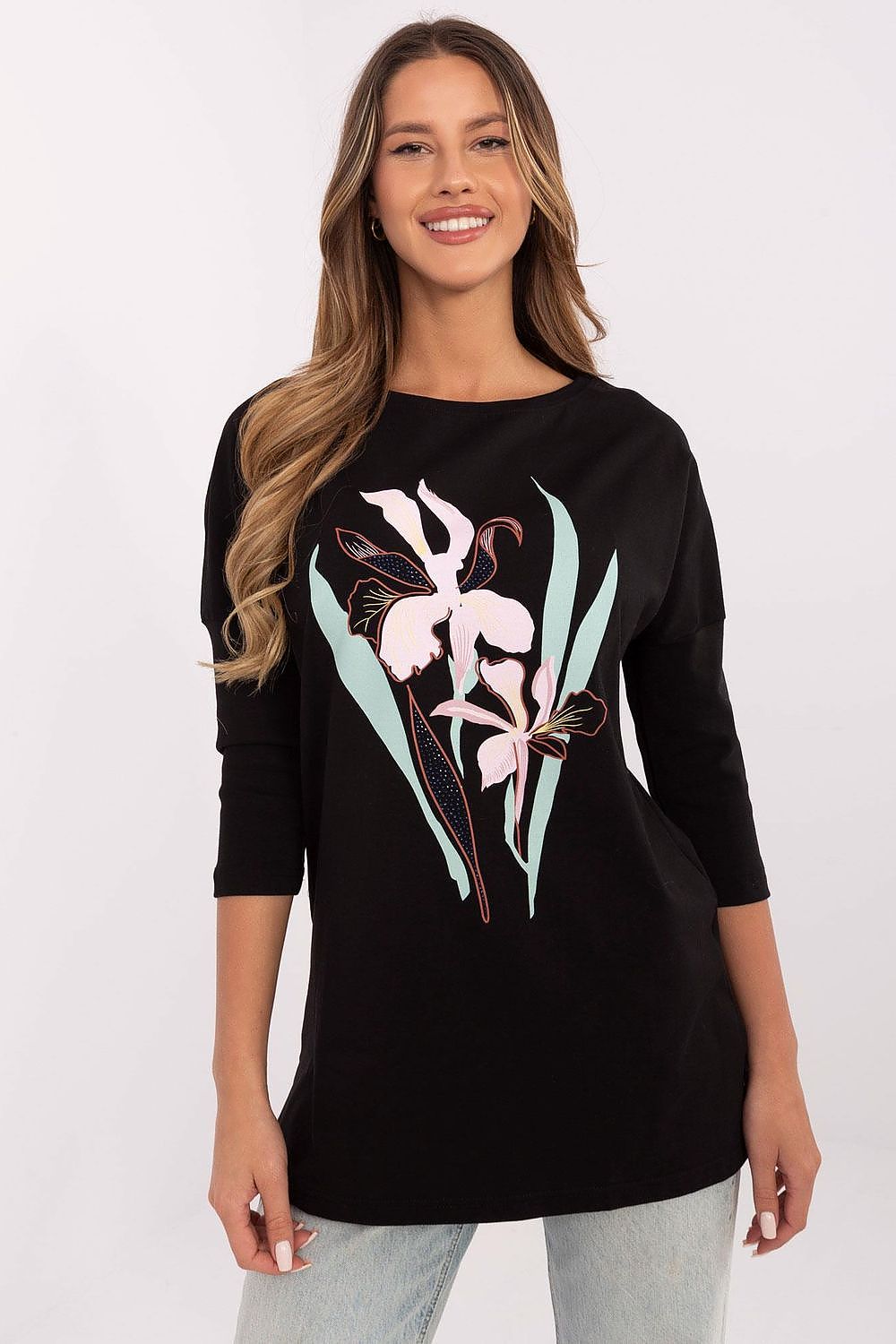 Elegant Floral Print Blouse in Sizes S to XL - High-Quality Cotton Blend with 3/4 Sleeves