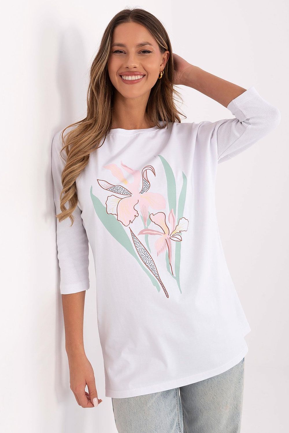 Elegant Floral Print Blouse in Sizes S to XL - High-Quality Cotton Blend with 3/4 Sleeves